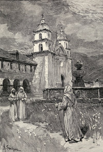Fountain and Mission, Santa Barbara, California by Henry Sandham